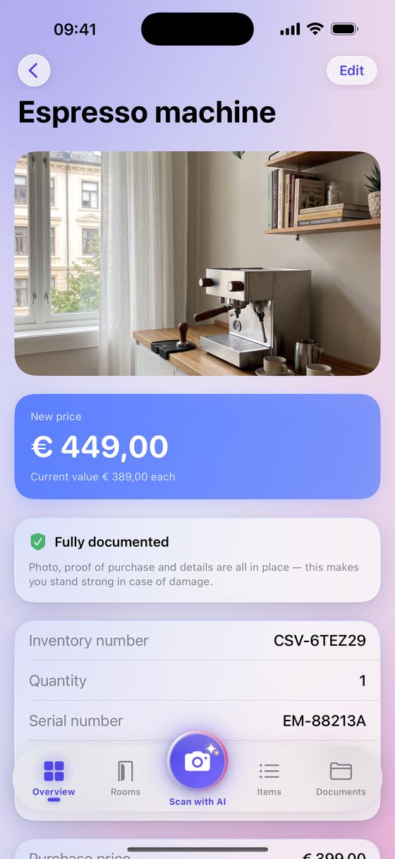 An espresso machine with a new price of €449.00, marked Fully documented.